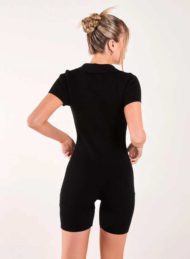 Pink Vanilla Ribbed Collar Zip Up Unitard