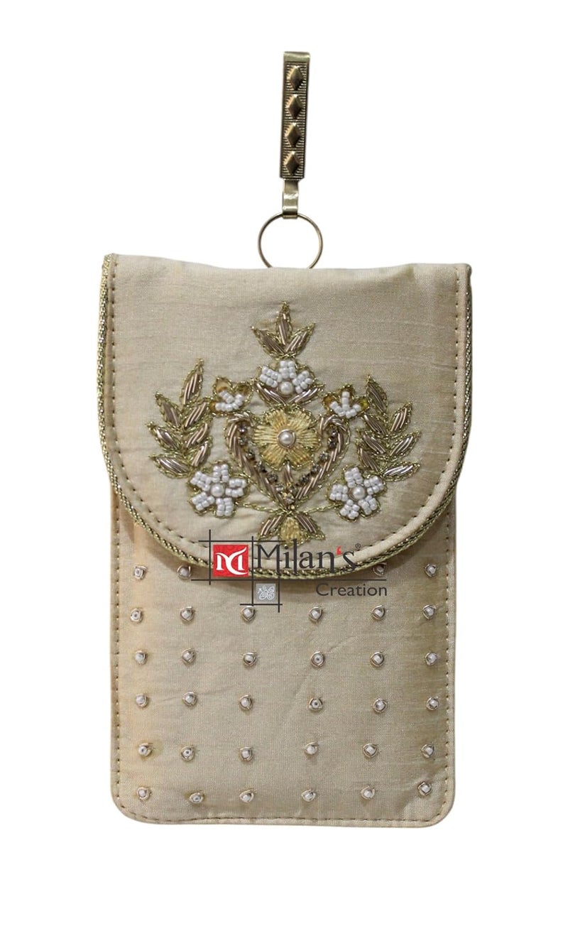 MILAN'S CREATION Mobile Pouch Zardozi & Pearls Hand Embroidery With Waist Clip Hook & Sling Chain (removable) | Ladies Women’s Handbag Wallet Sling Purse | Party Wedding Festival Giveaways Gift - Image 1
