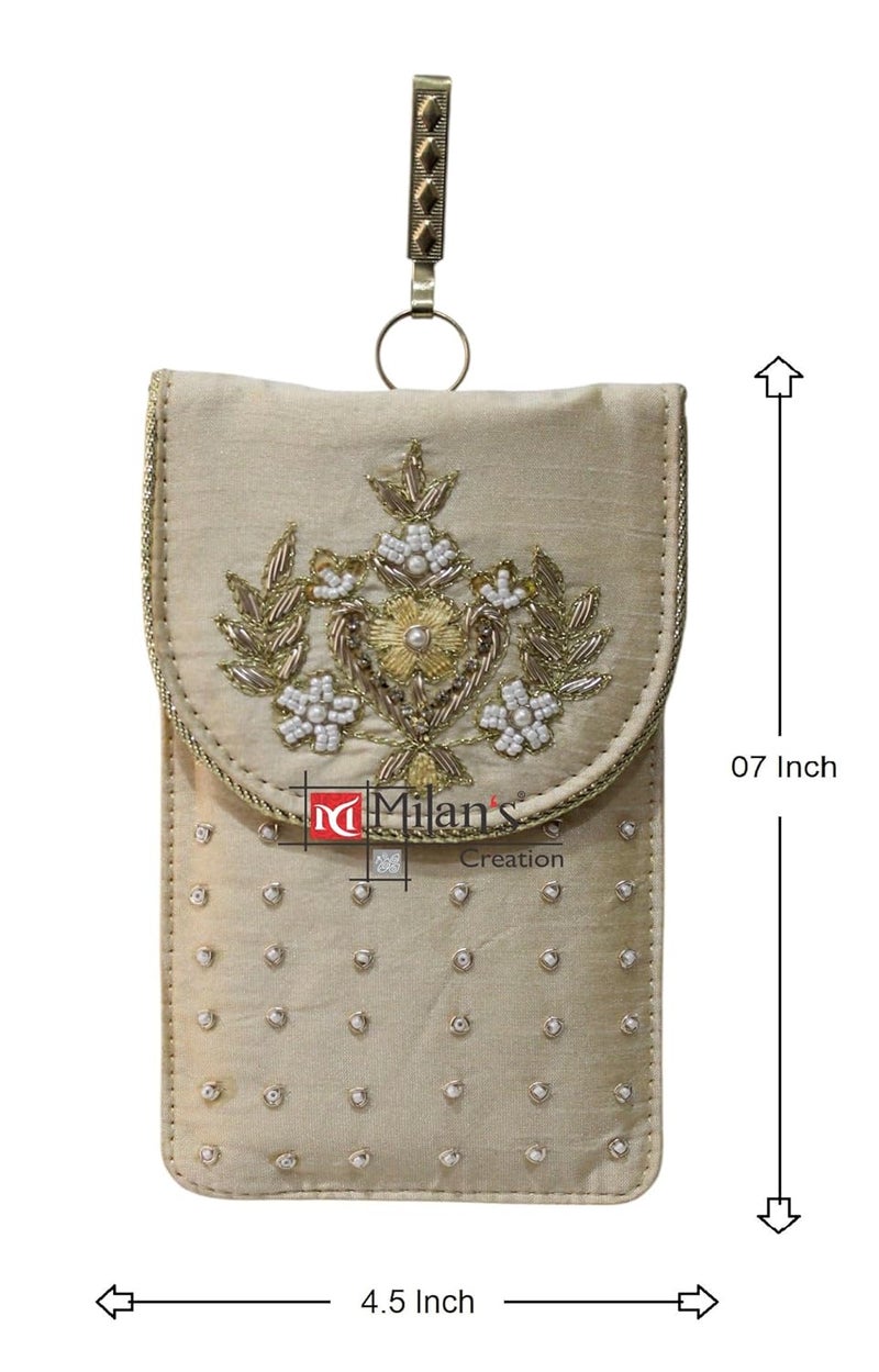 MILAN'S CREATION Mobile Pouch Zardozi & Pearls Hand Embroidery With Waist Clip Hook & Sling Chain (removable) | Ladies Women’s Handbag Wallet Sling Purse | Party Wedding Festival Giveaways Gift - Image 4
