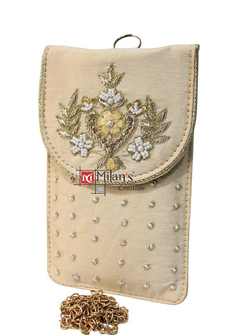 MILAN'S CREATION Mobile Pouch Zardozi & Pearls Hand Embroidery With Waist Clip Hook & Sling Chain (removable) | Ladies Women’s Handbag Wallet Sling Purse | Party Wedding Festival Giveaways Gift - Image 3