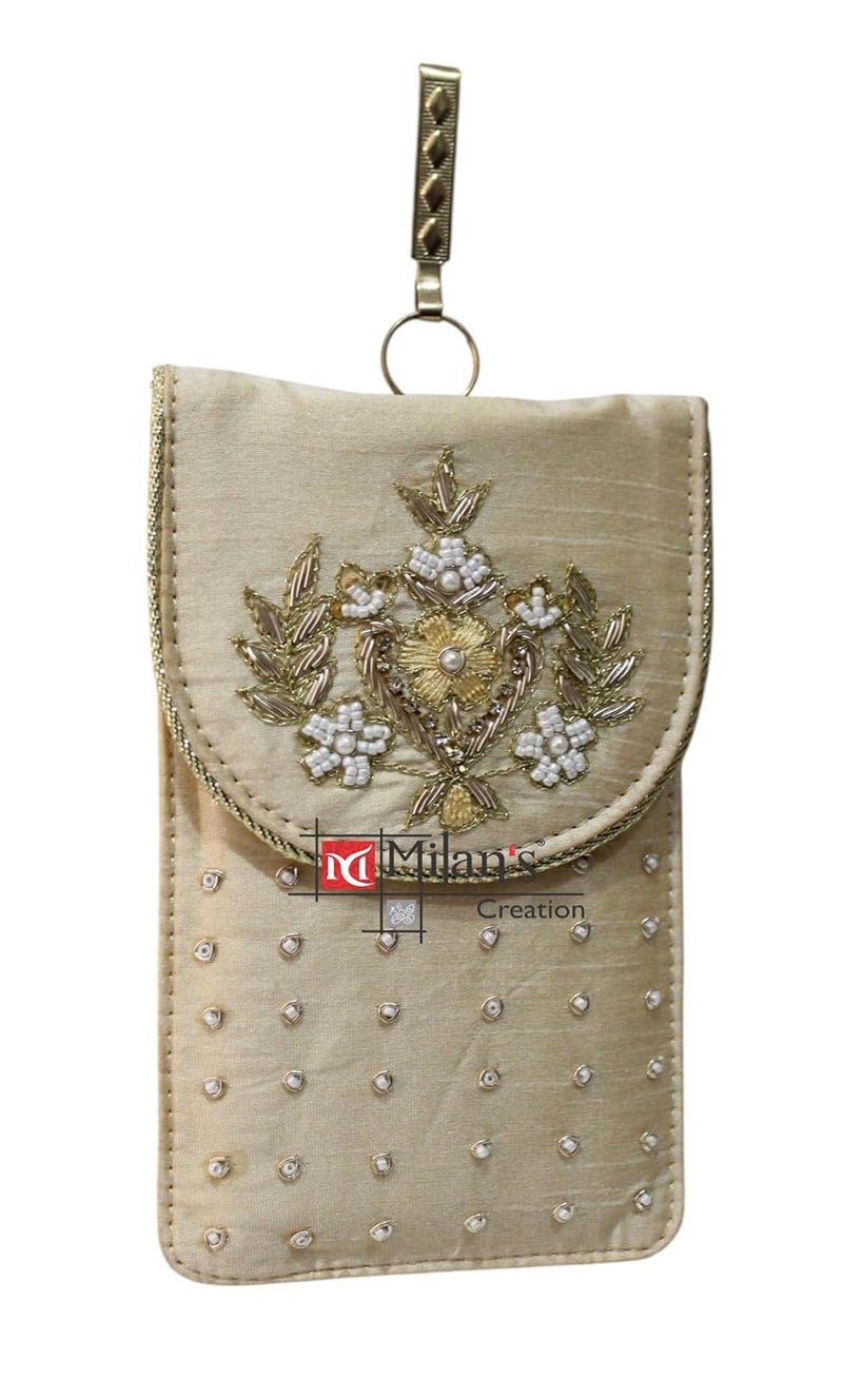 MILAN'S CREATION Mobile Pouch Zardozi & Pearls Hand Embroidery With Waist Clip Hook & Sling Chain (removable) | Ladies Women’s Handbag Wallet Sling Purse | Party Wedding Festival Giveaways Gift - Image 2