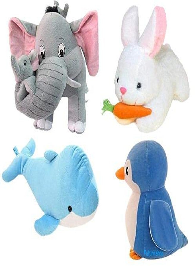 Future Shop Pack of 4 Elegant Soft Toys Combo Set Penguin/Elephant with Baby/Dolphine/Rabbit Toy Animals for You - (Multicolor) - Image 1