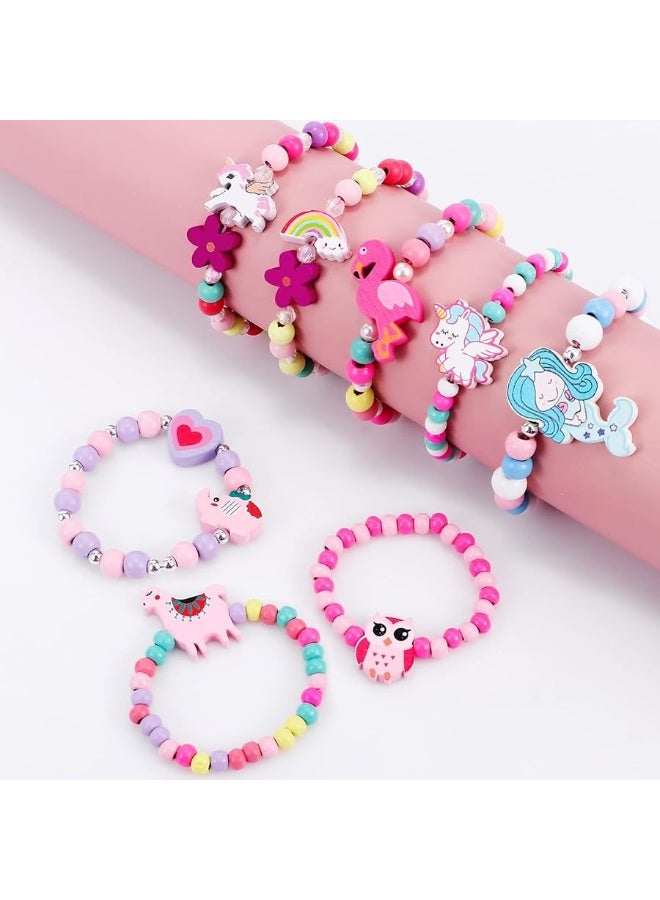 G.C 12 Pcs Girls Bracelets Jewelry for Kids Cute Unicorn Mermaid Animal Pendant Colorful Wooden Beaded Bracelets Princess Pretend Play Gifts for Toddlers - Image 1