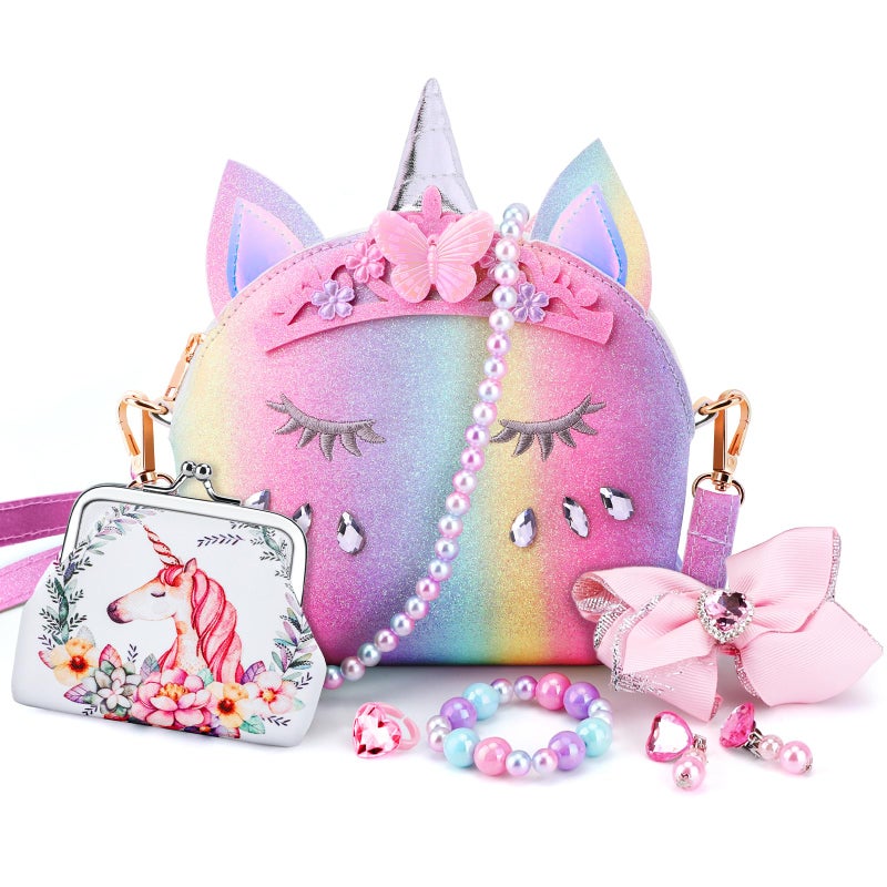 JYPS 7PCS Toddler Purse for Girl Girls Wallet with Pretend Play Toys Princess Toys with Kids Dress Up Jewelry Set Rainbow Crown Unicorn - Image 2