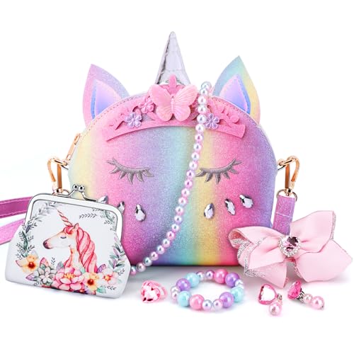 JYPS 7PCS Toddler Purse for Girl Girls Wallet with Pretend Play Toys Princess Toys with Kids Dress Up Jewelry Set Rainbow Crown Unicorn - Image 1