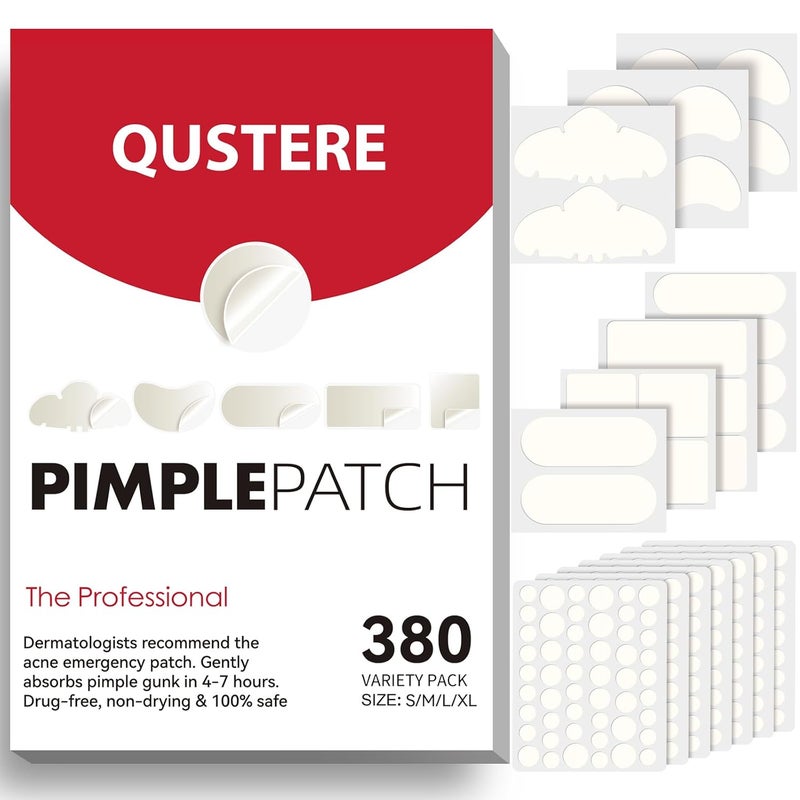 QUSTERE Large Pimple Patches for Face Hydrocolloid Acne Patches Variety Shapes Zit Covers Stickers with Tea Tree Salicylic Acid  Cica Oil RoundMoonStripSquareRectangleNose Strip 8 Sizes 380 Count 