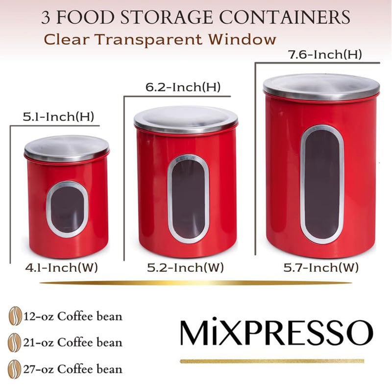 Mixpresso 3-Piece Red Canisters Sets For The Kitchen, Airtight Canister Set With See Through Window, Storage Jars for Coffee Container, Tea Organizer & Sugar Canister, Red Kitchen Canisters - Image 2