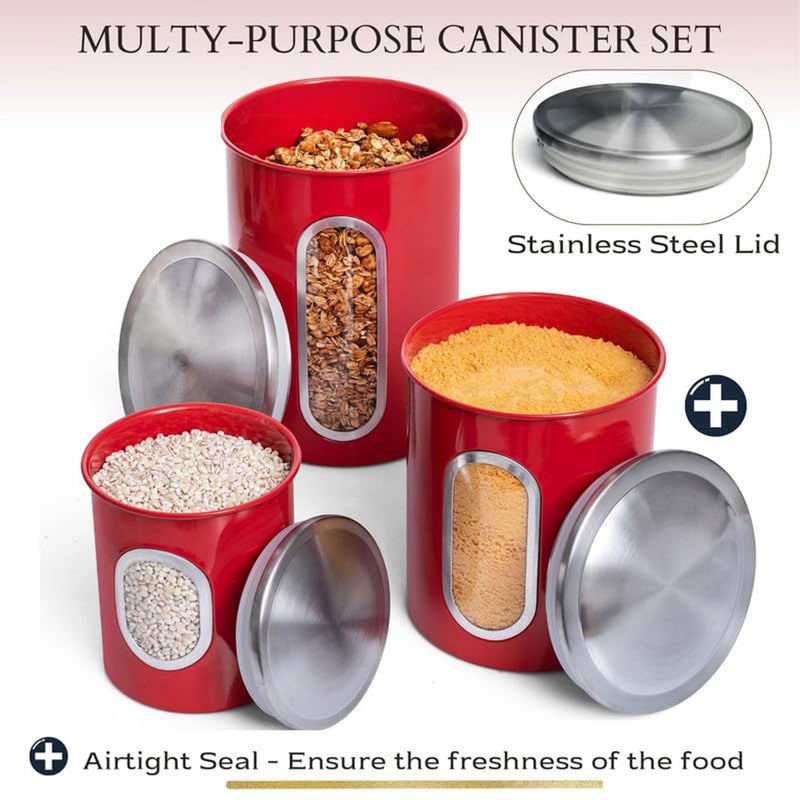 Mixpresso 3-Piece Red Canisters Sets For The Kitchen, Airtight Canister Set With See Through Window, Storage Jars for Coffee Container, Tea Organizer & Sugar Canister, Red Kitchen Canisters - Image 3