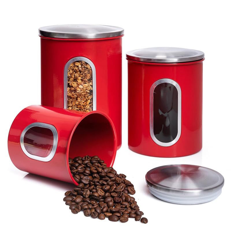 Mixpresso 3-Piece Red Canisters Sets For The Kitchen, Airtight Canister Set With See Through Window, Storage Jars for Coffee Container, Tea Organizer & Sugar Canister, Red Kitchen Canisters - Image 1
