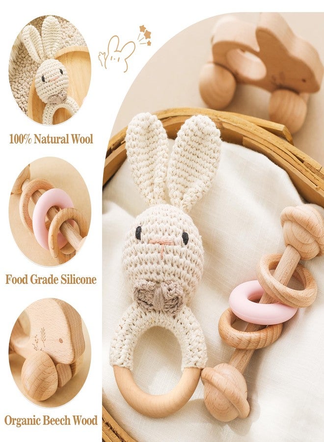 let's make Wooden Baby Rattle 3 PCS Push Car Rattle Set Crochet Rattle Ring Wooden Montessori Toy for Newborn Infant Baby Gifts (Rabbit Rattle) - Image 2