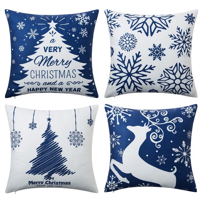 CHRISTMAS PILLOW COVERS 18X18 INCH SET OF 4 NAVY BLUE CHRISTMAS PILLOW CASES SNOWFLAKE MERRY CHRISTMAS HOLIDAY PILLOWCASES XMAS TREES ELK DEER DECORATIVE