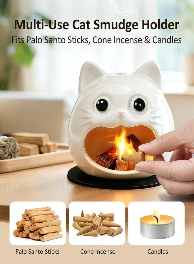 TIPKITS Cute Palo Santo Holder, Cat-Shape Ceramic Palo Santo Burner with Heat-Resistant Mat for Meditation and Energy Cleansing, Smudge Bowl for Wood Sticks, Sage and Incense Cones, Home Decor Gift - Image 2