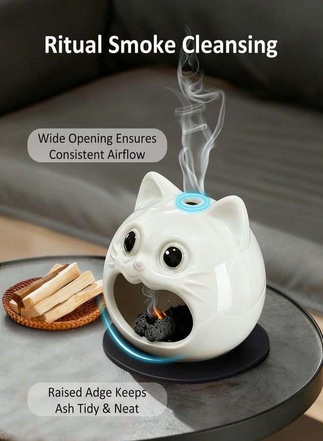 TIPKITS Cute Palo Santo Holder, Cat-Shape Ceramic Palo Santo Burner with Heat-Resistant Mat for Meditation and Energy Cleansing, Smudge Bowl for Wood Sticks, Sage and Incense Cones, Home Decor Gift - Image 3