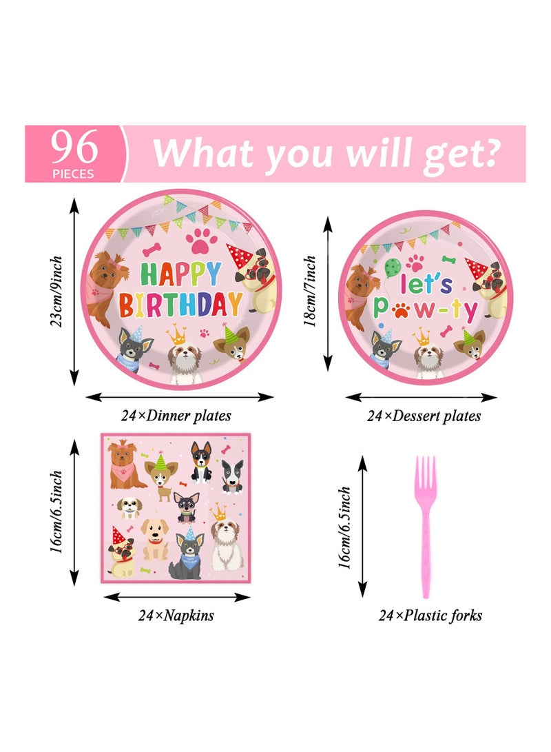 SOLARAE 96 Pcs Dog Themed Birthday Party Decorations Puppy Party Tableware for Girls Lets Pawty Party Dessert Plates Napkins Forks for 24 Guests Birthday Party Favors - Image 2