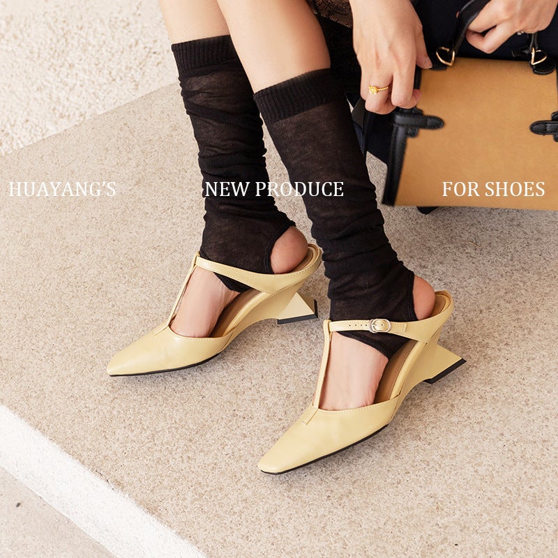 French-Style Chunky Heel 7Cm Mules For Women, Shallow Slip-On Closed-Toe Mid-Heel T-Strap Sandals For Summer - Image 3