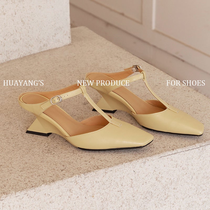 French-Style Chunky Heel 7Cm Mules For Women, Shallow Slip-On Closed-Toe Mid-Heel T-Strap Sandals For Summer - Image 2