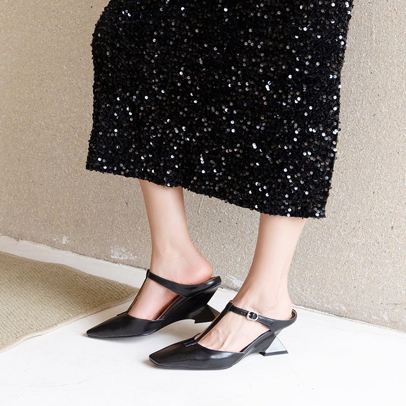 French-Style Chunky Heel 7Cm Mules For Women, Shallow Slip-On Closed-Toe Mid-Heel T-Strap Sandals For Summer - Image 4