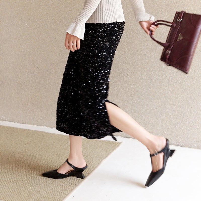 French-Style Chunky Heel 7Cm Mules For Women, Shallow Slip-On Closed-Toe Mid-Heel T-Strap Sandals For Summer - Image 5
