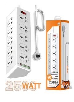 2500W 10-Way Outlet Power Strip with 30W QC 3.0 PD USB-C and 5 USB-A Ports – 2 Meter Extension Cord, Surge Protection for Home & Office Use