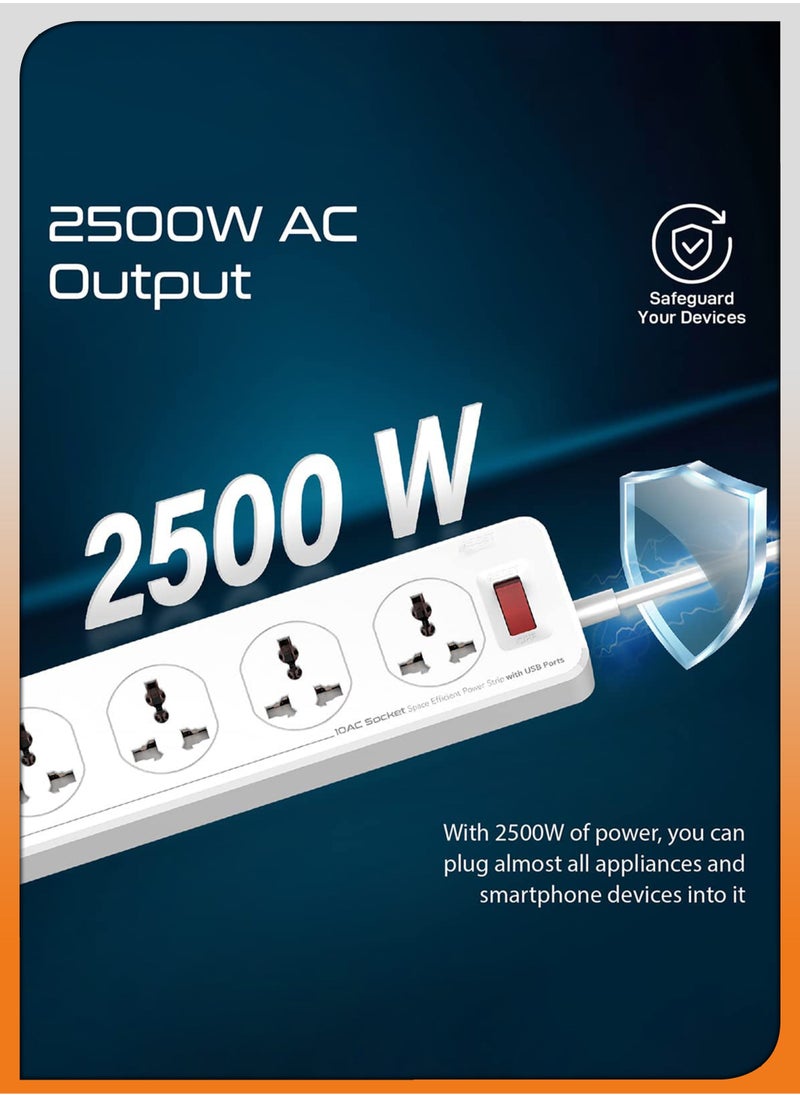 TIGER - 2500W 10-Way Outlet Power Strip with 30W QC 3.0 PD USB-C and 5 USB-A Ports – 2 Meter Extension Cord, Surge Protection for Home & Office Use - Image 1