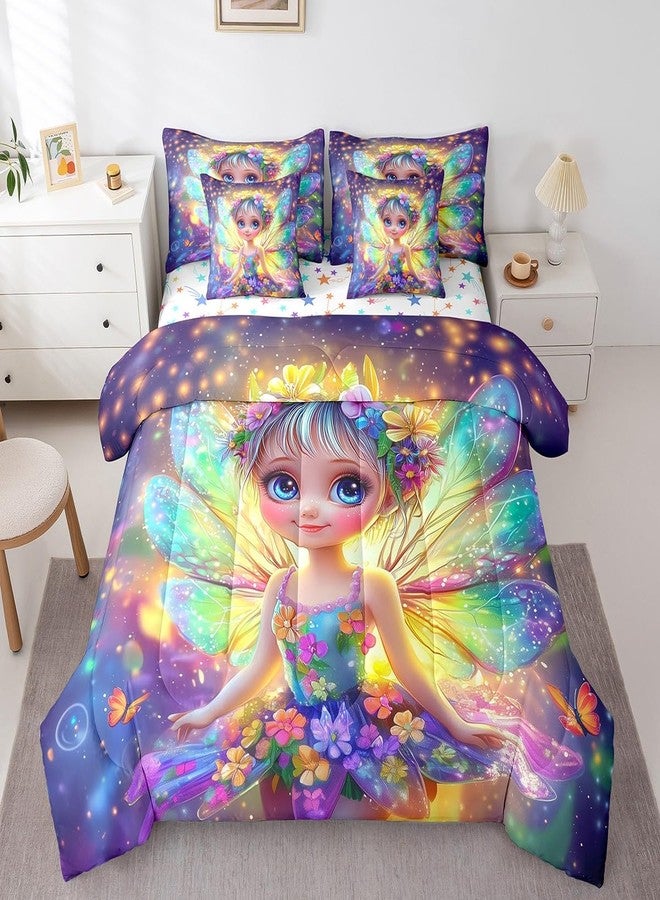 Man Fei 7 Pieces Cute Girl Comforter Set Twin Size, Fairy Flower Girl Bedding Set for Kids Girls Women Room Decor, Watercolor Floral Bed in a Bag with Comforter, Fitted Sheet, Top Sheet and Pillowcases - Image 3