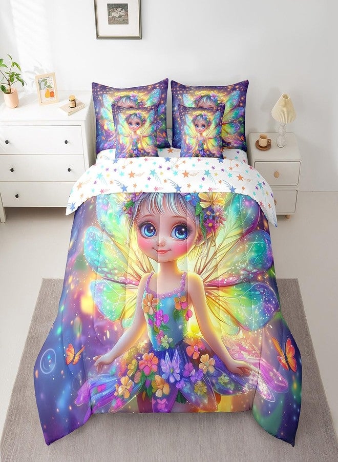 Man Fei 7 Pieces Cute Girl Comforter Set Twin Size, Fairy Flower Girl Bedding Set for Kids Girls Women Room Decor, Watercolor Floral Bed in a Bag with Comforter, Fitted Sheet, Top Sheet and Pillowcases - Image 1