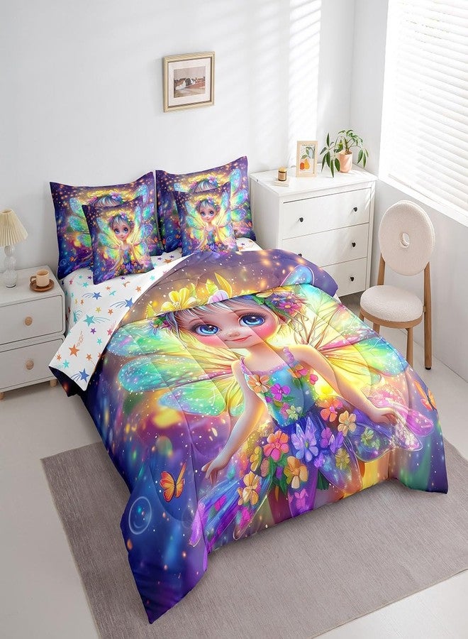 Man Fei 7 Pieces Cute Girl Comforter Set Twin Size, Fairy Flower Girl Bedding Set for Kids Girls Women Room Decor, Watercolor Floral Bed in a Bag with Comforter, Fitted Sheet, Top Sheet and Pillowcases - Image 2