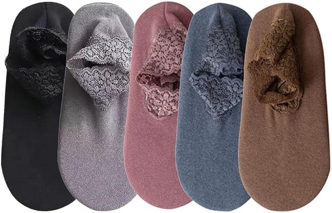 WKLOUYHE 5 Pairs Women Ankle Socks, Winter Lace Frilly Non Slip Crew Socks Low Cut Warm Ankle Boot Socks for Ladies_Free Size, Assorted - Image 1