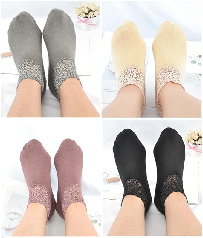 WKLOUYHE 5 Pairs Women Ankle Socks, Winter Lace Frilly Non Slip Crew Socks Low Cut Warm Ankle Boot Socks for Ladies_Free Size, Assorted - Image 3