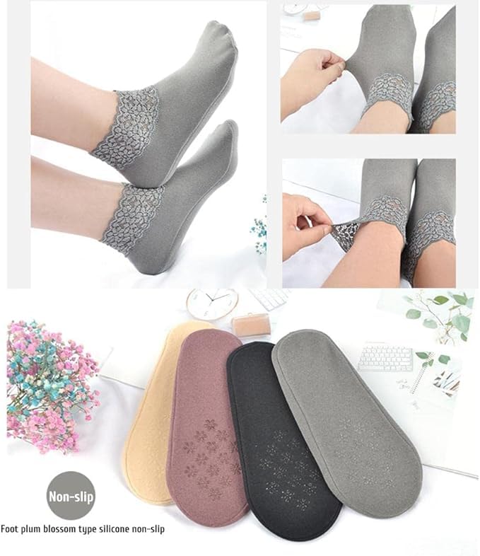 WKLOUYHE 5 Pairs Women Ankle Socks, Winter Lace Frilly Non Slip Crew Socks Low Cut Warm Ankle Boot Socks for Ladies_Free Size, Assorted - Image 4