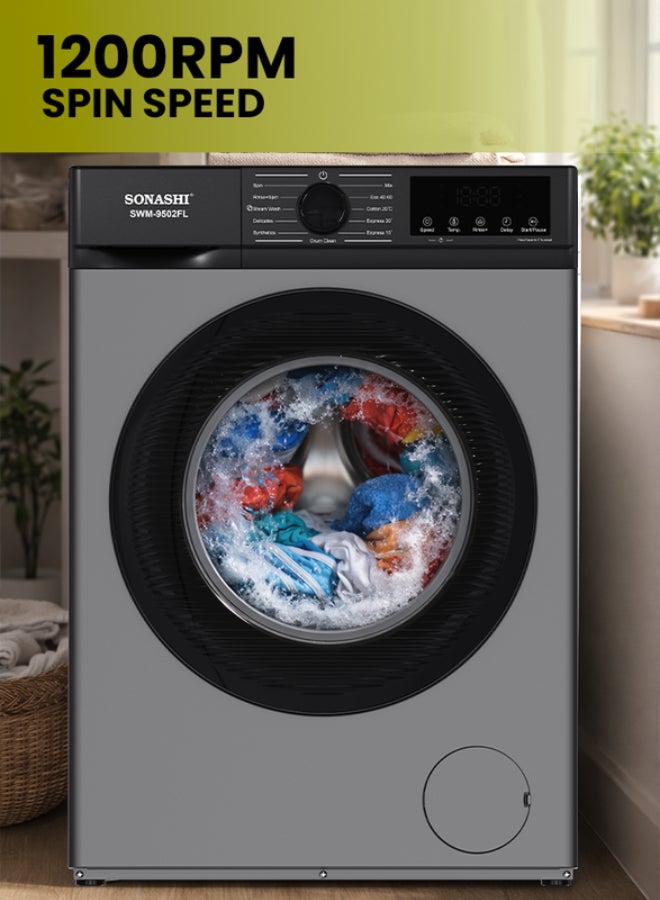SONASHI 9.5kg Full Automatic Front Loading Washing Machine - 1600 RPM High Speed Spin, 11 Programs with LED Display, Honeycomb Crystal S/S Drum, Midway Add Clothes, Child Lock, Power-Off Memory, 1600W, 220-240V SWM-9502FL 9.5 kg 1600 W SWM-9502FL grey - Image 5
