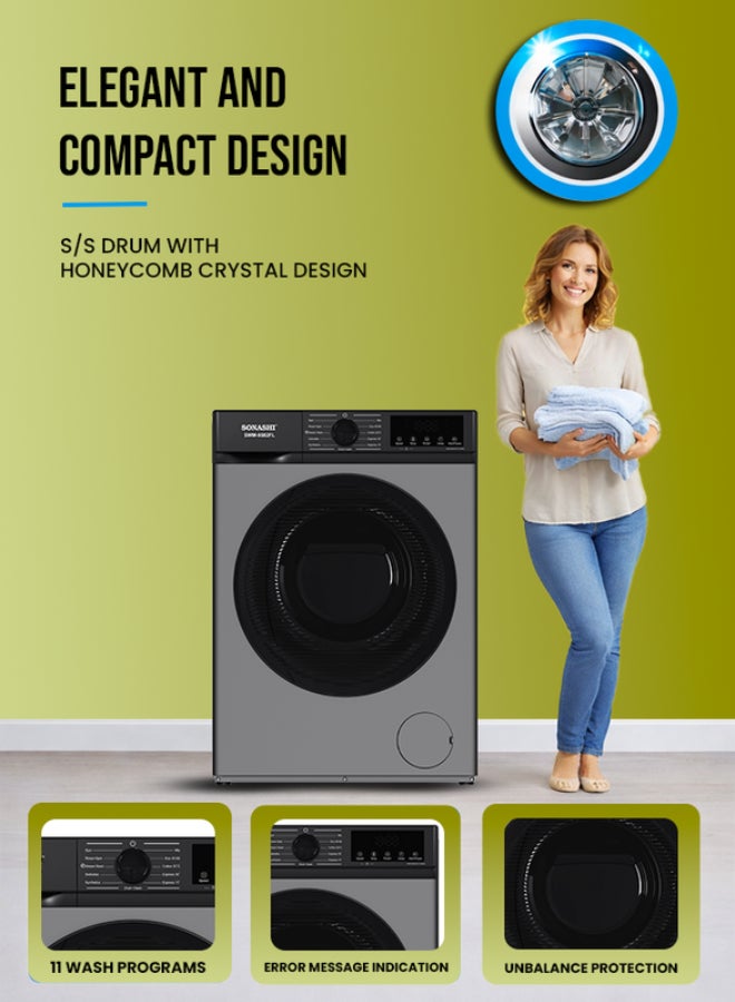 SONASHI 9.5kg Full Automatic Front Loading Washing Machine - 1600 RPM High Speed Spin, 11 Programs with LED Display, Honeycomb Crystal S/S Drum, Midway Add Clothes, Child Lock, Power-Off Memory, 1600W, 220-240V SWM-9502FL 9.5 kg 1600 W SWM-9502FL grey - Image 2