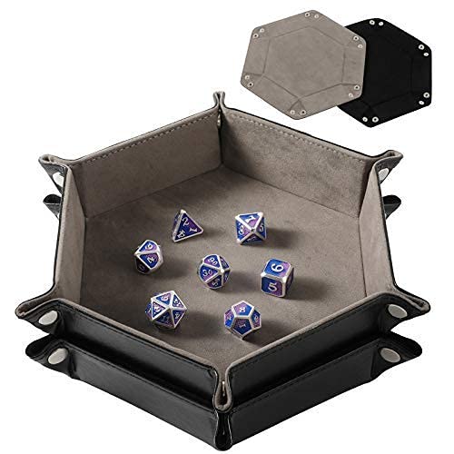 Grajar 2 Pcs Portable Folding Dice Rolling Tray Set for RPG DND Table Games PU Leather and Velvet Holder Storage Box Black and Grey - Image 1