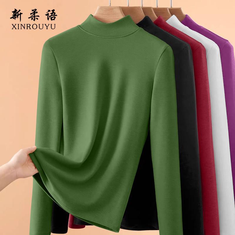 تي شيرت نسائي بأكمام طويلة من الجانبين مزدوجة الخيوط، ملابس داخلية، خريف شتاء، مبطن بالفليس، قميص أساسي عصري، ياقة نصف عالية، قمة دافئة، كركم [a046 قطعة واحدة] - Image 4