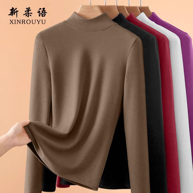 تي شيرت نسائي بأكمام طويلة من الجانبين مزدوجة الخيوط، ملابس داخلية، خريف شتاء، مبطن بالفليس، قميص أساسي عصري، ياقة نصف عالية، قمة دافئة، كركم [a046 قطعة واحدة] - Image 3