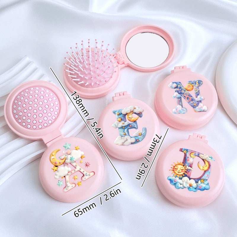 Round Beige Compact Comb With Mirror Fashion Letter Patterns Portable Two In One Mini Makeup Mirror Foldable Air Cushion Massage Comb Noon - Image 4