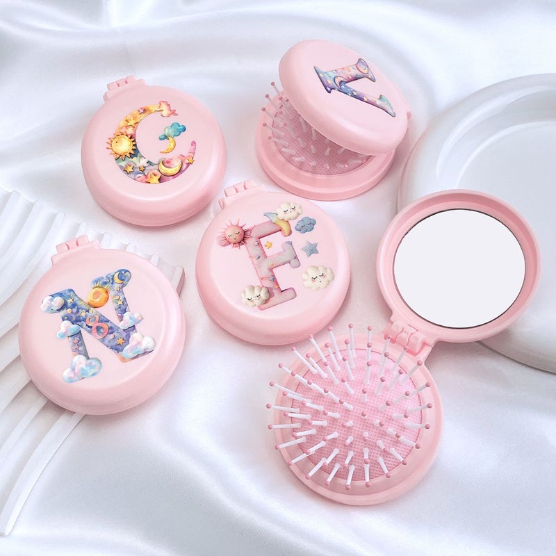 Round Beige Compact Comb With Mirror Fashion Letter Patterns Portable Two In One Mini Makeup Mirror Foldable Air Cushion Massage Comb Noon - Image 3
