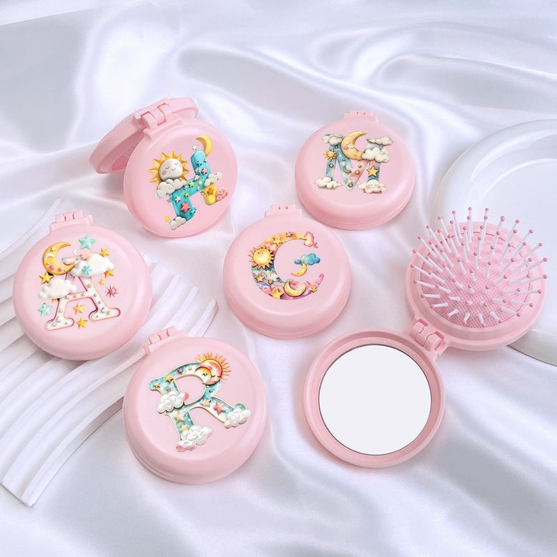 Round Beige Compact Comb With Mirror Fashion Letter Patterns Portable Two In One Mini Makeup Mirror Foldable Air Cushion Massage Comb Noon - Image 2
