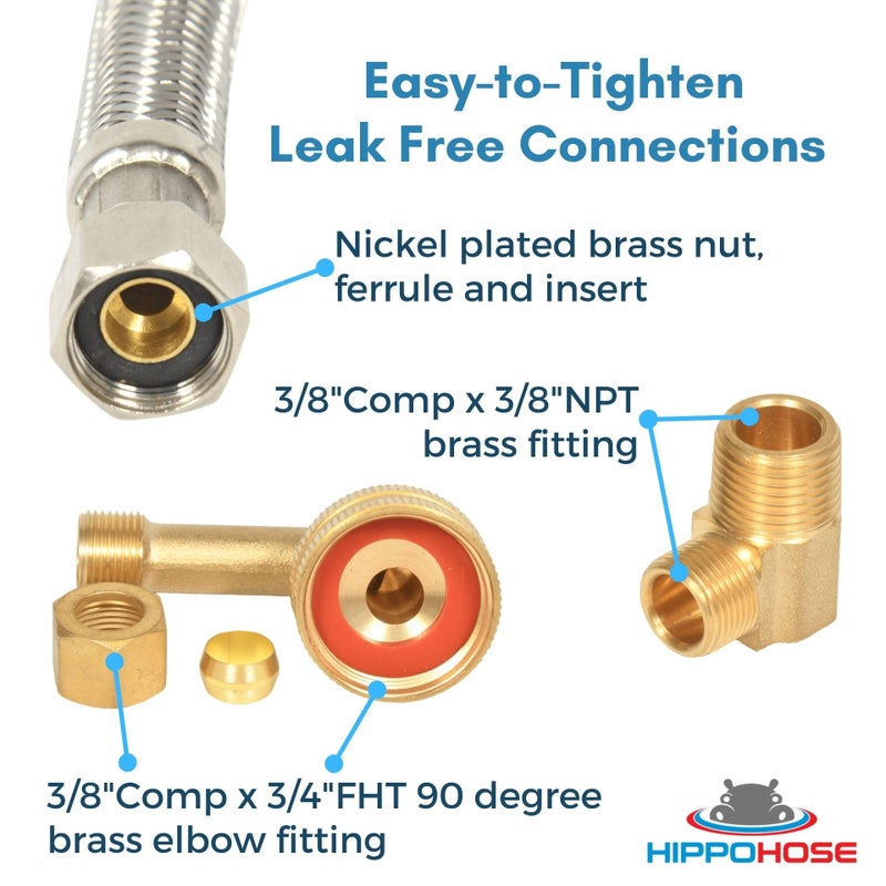 Hippohose Dishwasher Water Hose Kit (10 Ft) - Universal Fit To All Dishwasher Brands - Braided Ss Dishwasher Water Supply Line - 3/8"" Comp X 3/8"" Elbow & All Fittings Included - Image 4
