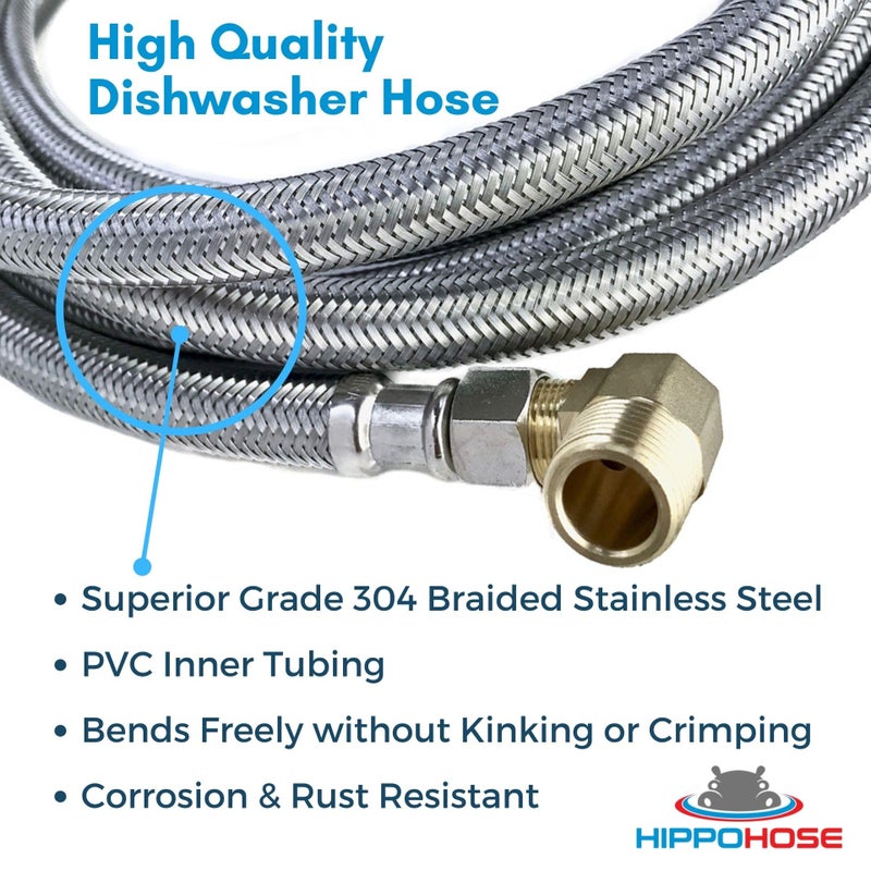 Hippohose Dishwasher Water Hose Kit (10 Ft) - Universal Fit To All Dishwasher Brands - Braided Ss Dishwasher Water Supply Line - 3/8"" Comp X 3/8"" Elbow & All Fittings Included - Image 3