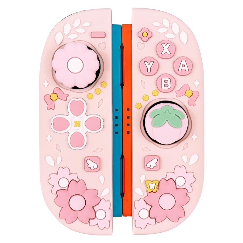 WSLUCKO Cute Silicone Protective Case for Nintendo Switch 2 Joycon (2025) with 2 Silicone Thumb Grips, Cherry Blossom Controllers Cover, Pink - Image 1