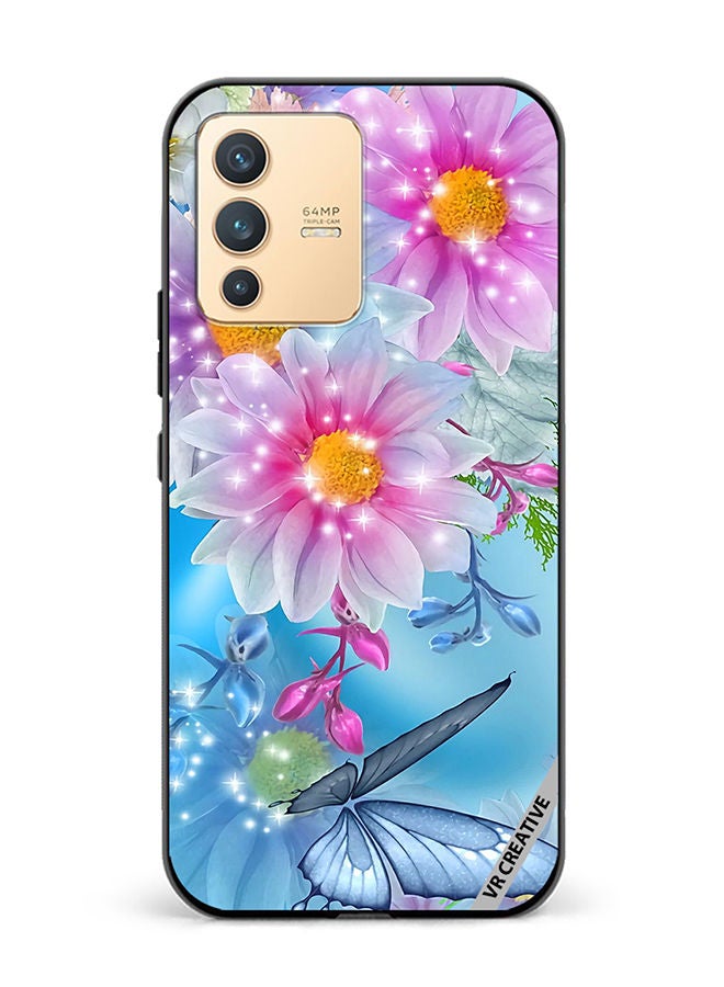 VR CREATIVE غطاء حماية واقٍ لهاتف Vivo V23 5G بتصميم زهور وفراشات جميلة متعدد الألوان - Image 1
