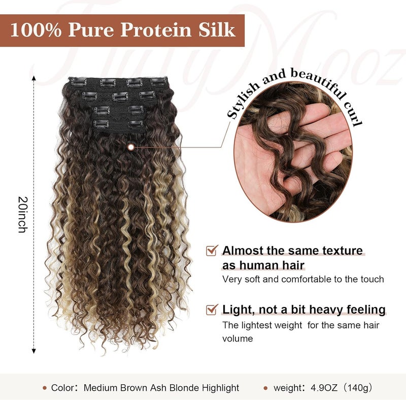 Flufymooz Clip-in Hair Extensions, 4 Pieces, 100% Pure Protein Silk, Long Soft Natural, 20 Inch Curly, Chestnut Brown Mixed Blonde - Image 2