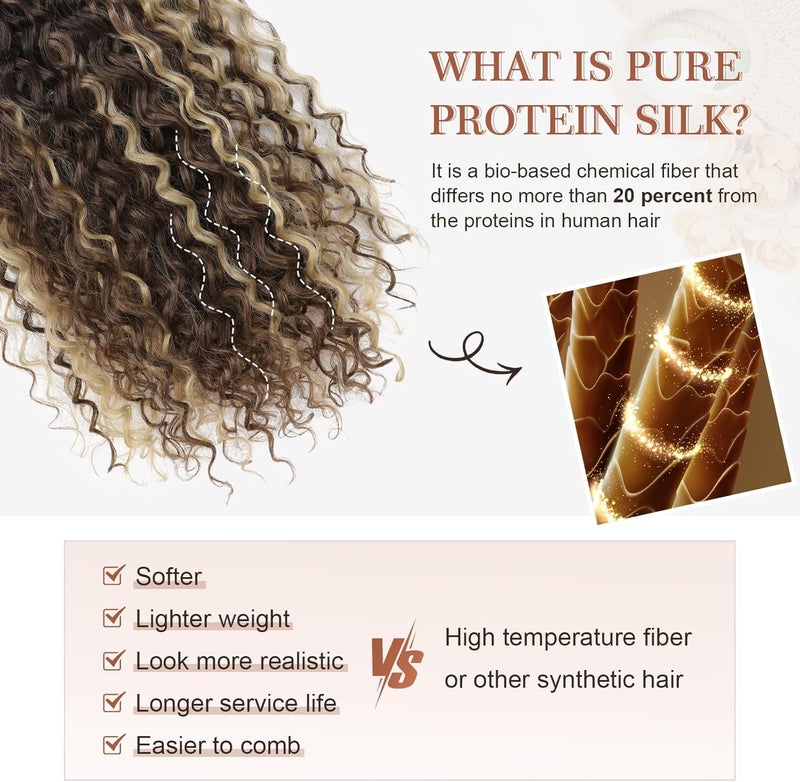 Flufymooz Clip-in Hair Extensions, 4 Pieces, 100% Pure Protein Silk, Long Soft Natural, 20 Inch Curly, Chestnut Brown Mixed Blonde - Image 3