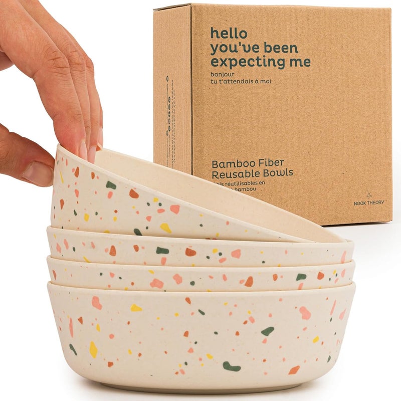 Nook Theory 4 Pack Bamboo Bowls  18 Oz Reusable Toddler and Kids Bowl Dishwasher Safe  Not Microwavable Bamboo Dishes Celebration - Image 1