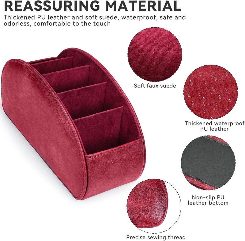 molshine Remote Control Holder with 5 Compartments,Pu Leather Office Organization Storage Caddy Box for Tv Remote ,Heater Controllers,Media Player,Office Supplies,Makeup Brush (Dark Red) - Image 3