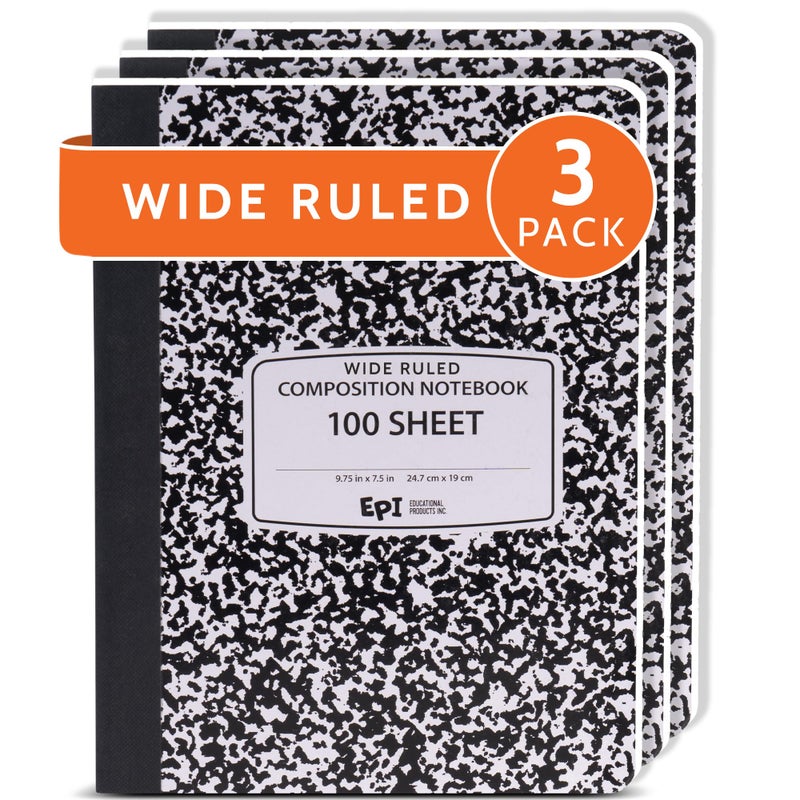 EPI 3 Pack - EPI Marble Hardcover Wide Ruled Composition Notebook | 200 Pages (100 Sheets), 9.75 x 7.5 in, Sturdy Sewn Binding | School, Office, Journaling, Notes - Image 1