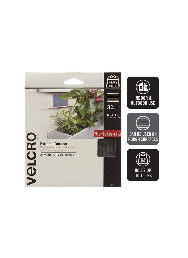 VELCRO Brand VELCRO Brand Outdoor Wide Heavy Duty Strips | 6" x 4" Pk of 3 | Holds 15 lbs | Titanium Extreme Industrial Strength Adhesive Fasteners | Strong Weather Resistance for Rough Surfaces (91471)  - Image 2