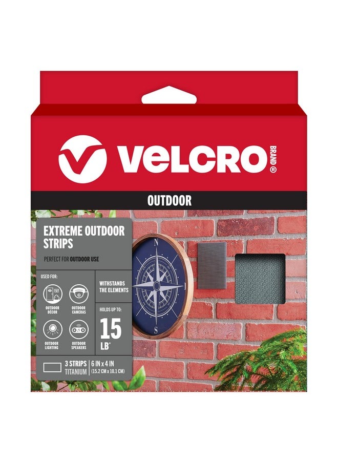 VELCRO Brand VELCRO Brand Outdoor Wide Heavy Duty Strips | 6" x 4" Pk of 3 | Holds 15 lbs | Titanium Extreme Industrial Strength Adhesive Fasteners | Strong Weather Resistance for Rough Surfaces (91471)  - Image 1