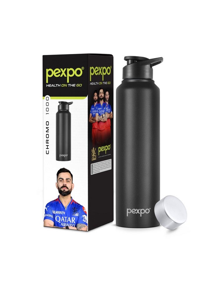 PEXPO Chromo Pro 1000 ISI Certified Stainless Steel Sports/Fridge Water Bottle With Sipper & Steel Cap, 950ml, Knight Black | BPA Free | Water Bottle for Office, Gym, School, Yoga | RCB Edition - Image 1